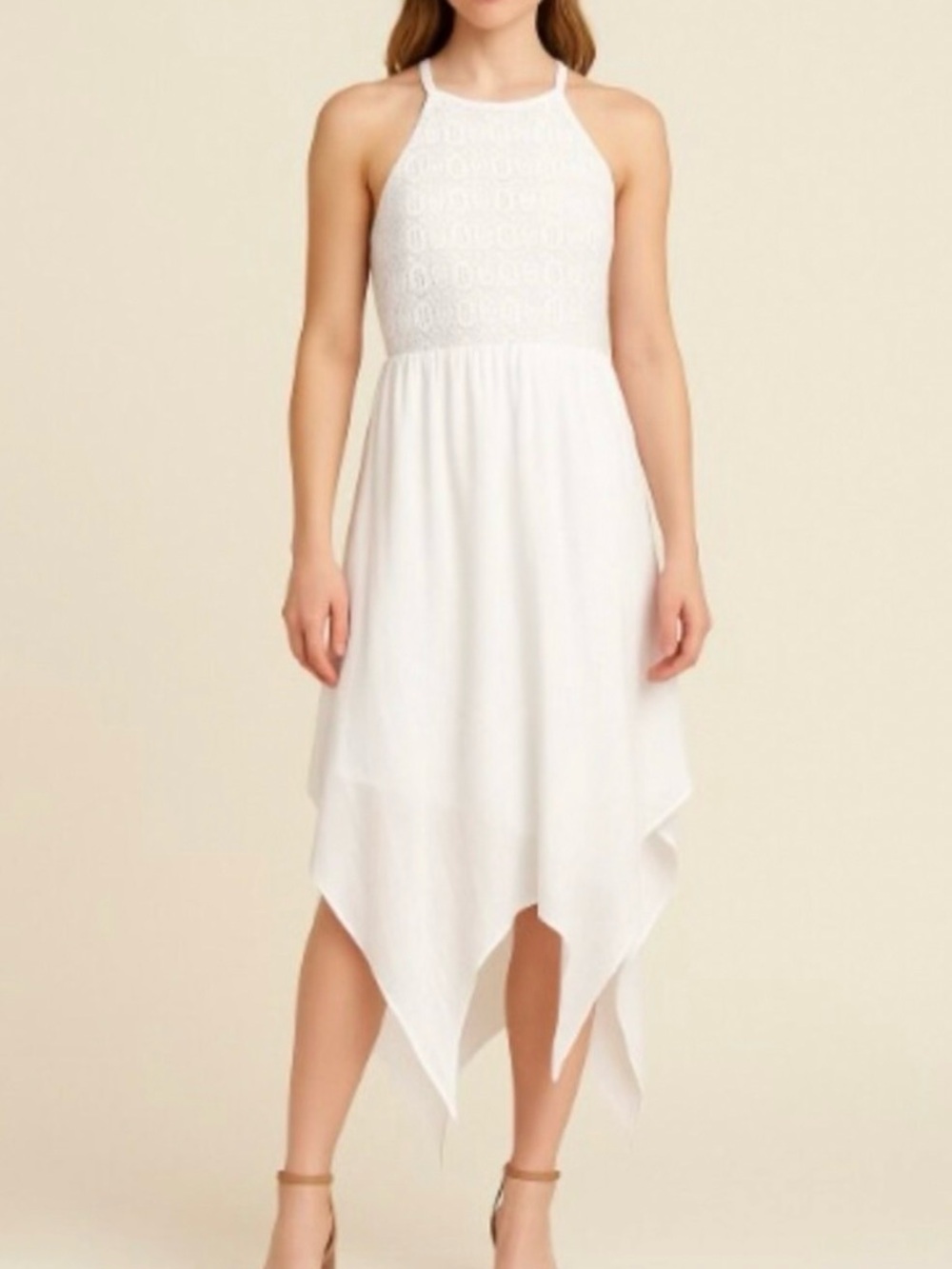 AUW Crochet Sleeveless High Neck Asymmetric Hi-Low Maxi Dress White Women's US 6
